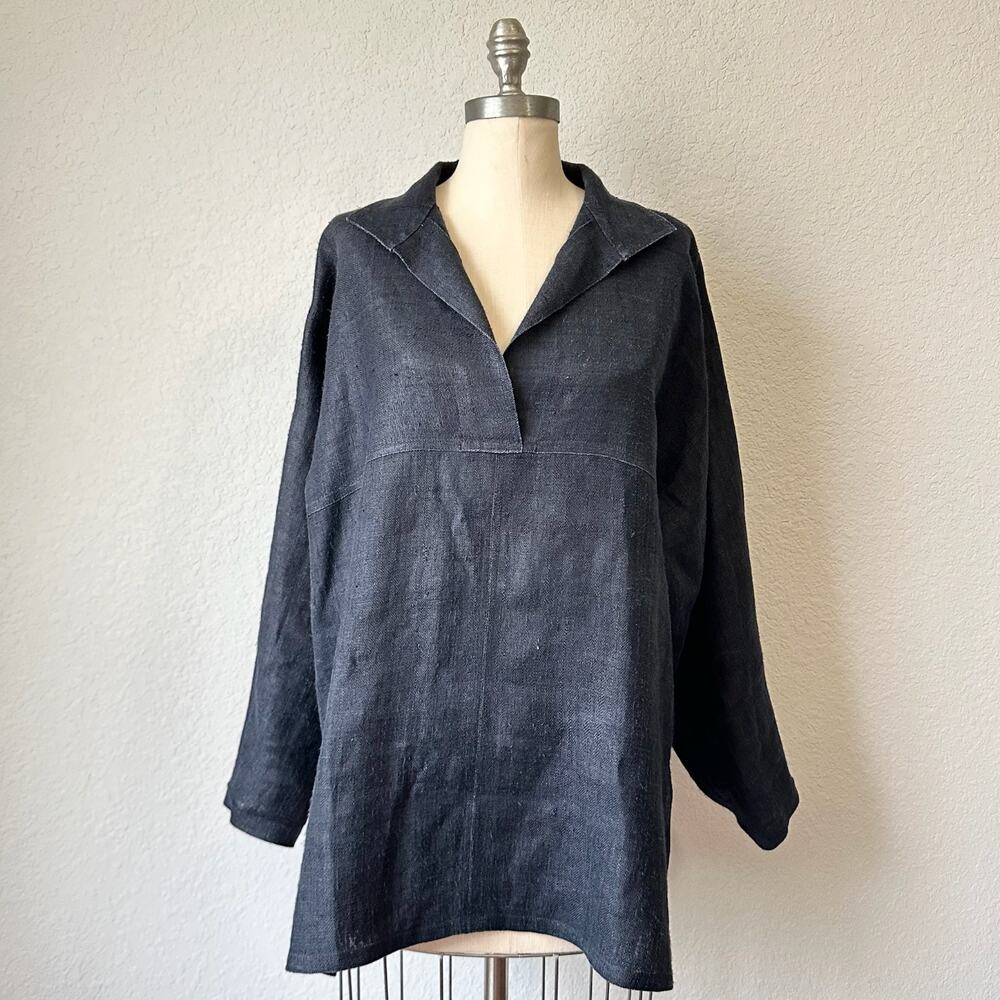 DANCING LADIES Hemp Tunic Top Black Embroidered Ethnic Pullover Boho